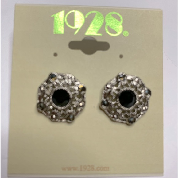 1928 Jewelry Silver-Tone Black Crystal and Marcasite Button Earrings - Picture 1 of 3